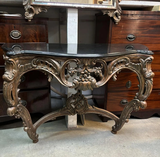 Hand-Carved Indonesian Bronze Console Table w/ Black Stone Top