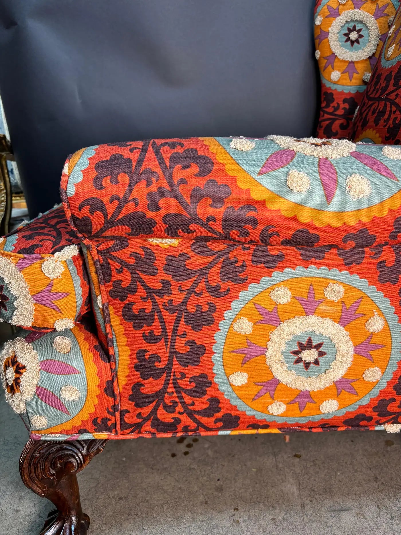 Peacock Armchair Upholstered with Tribal Thread Sunset Fabric