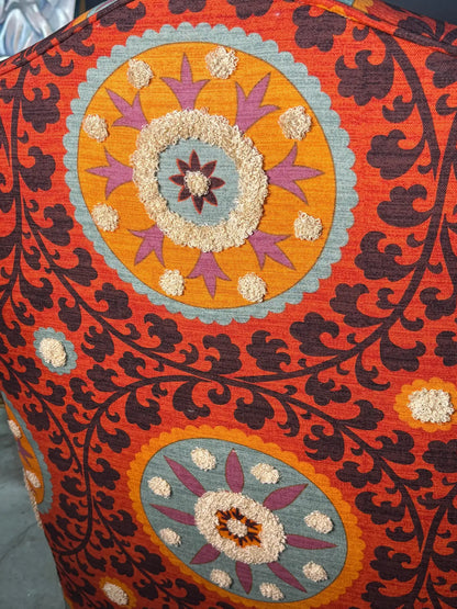 Peacock Armchair Upholstered with Tribal Thread Sunset Fabric