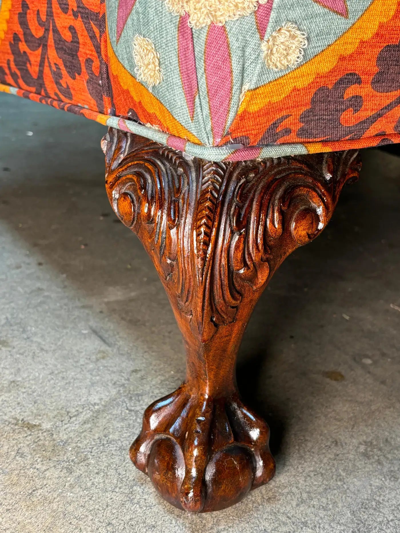 Peacock Armchair Upholstered with Tribal Thread Sunset Fabric