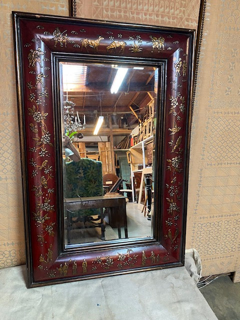 Red Chinoiserie Convex Mirror