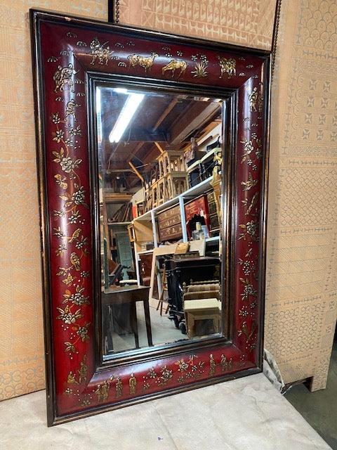 Red Chinoiserie Convex Mirror