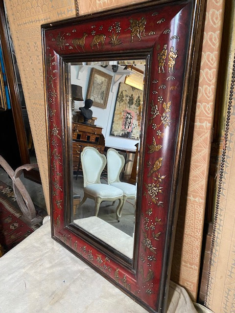 Red Chinoiserie Convex Mirror