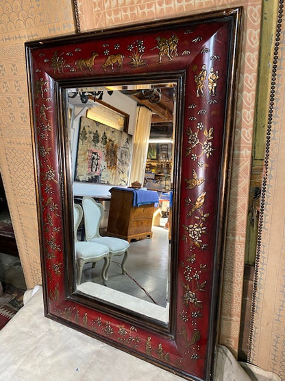 Red Chinoiserie Convex Mirror