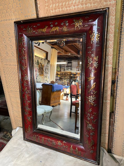 Red Chinoiserie Convex Mirror