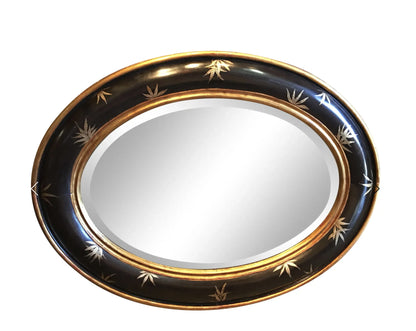 Chinoiserie Gold Bamboo Leaves on Black Frame With Antiqued Oval Smoky Mirror