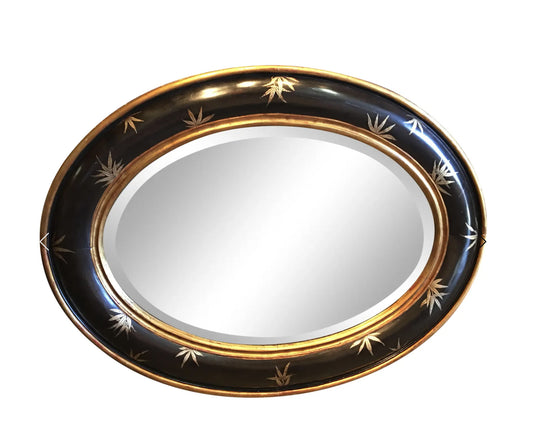Chinoiserie Gold Bamboo Leaves on Black Frame With Antiqued Oval Smoky Mirror