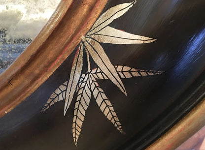 Chinoiserie Gold Bamboo Leaves on Black Frame With Antiqued Oval Smoky Mirror