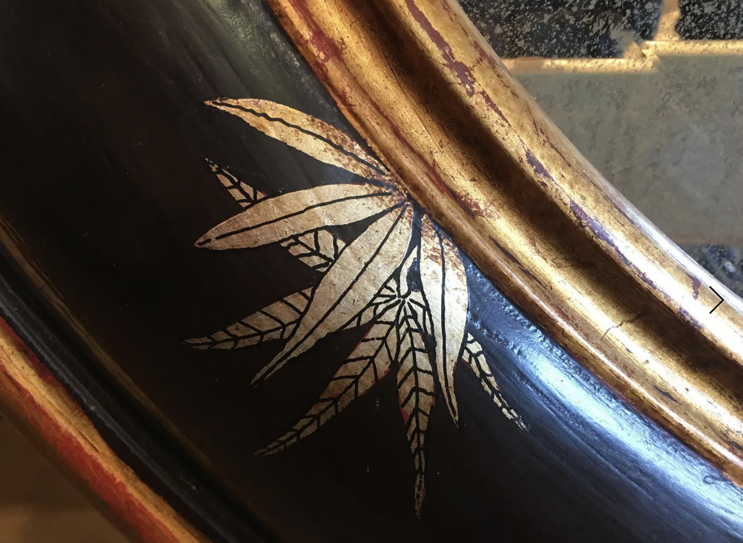 Chinoiserie Gold Bamboo Leaves on Black Frame With Antiqued Oval Smoky Mirror