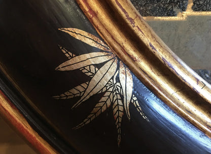 Chinoiserie Gold Bamboo Leaves on Black Frame With Antiqued Oval Smoky Mirror