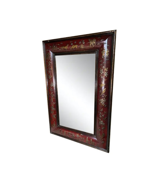 Red Chinoiserie Convex Mirror