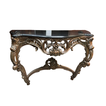Hand-Carved Indonesian Bronze Console Table w/ Black Stone Top