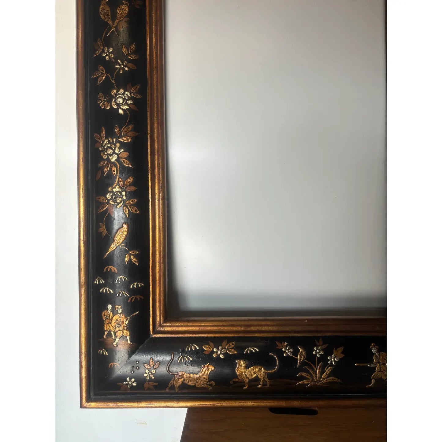 Black Chinoiserie Frame w/Birds, Tiger, Floral Details