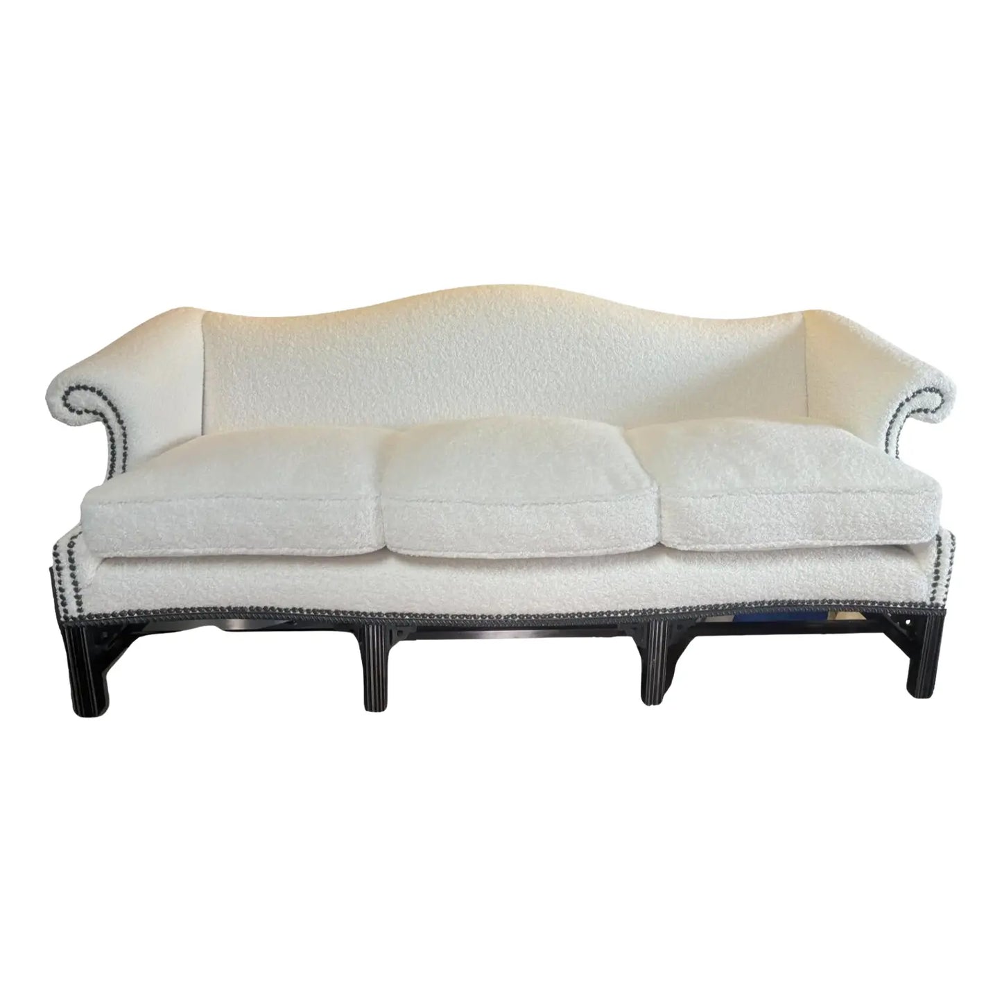 Classical Federal Carved Camel Back Boucle Sofa