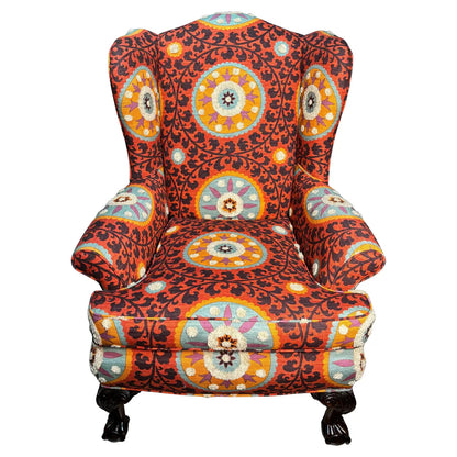 Peacock Armchair Upholstered with Tribal Thread Sunset Fabric