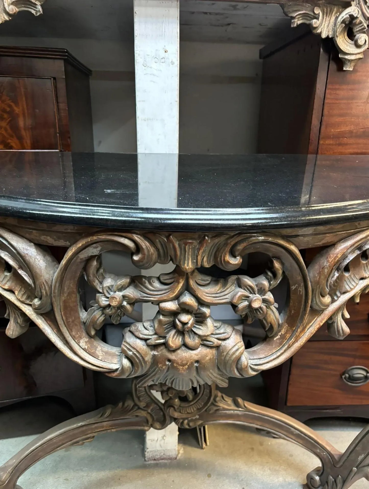 Hand-Carved Indonesian Bronze Console Table w/ Black Stone Top