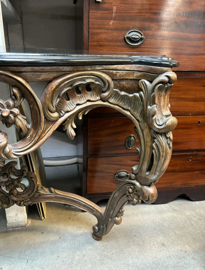 Hand-Carved Indonesian Bronze Console Table w/ Black Stone Top