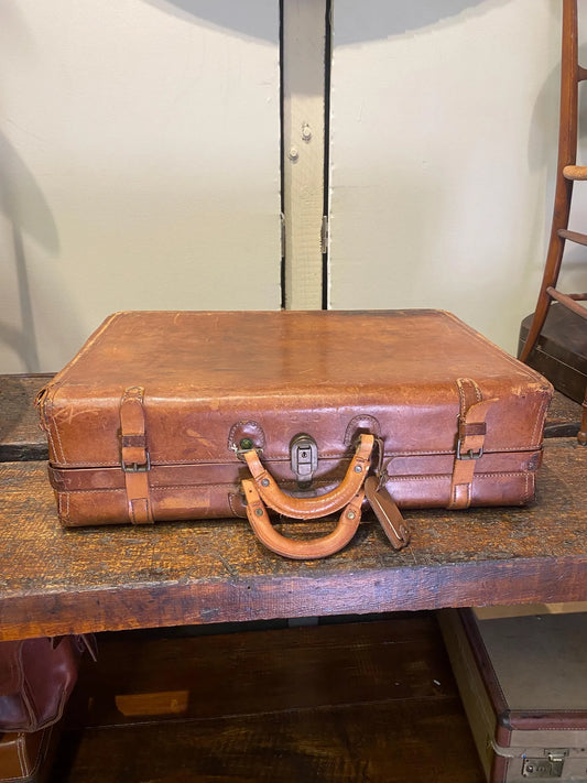 Antique Leather Train Case Suitcase