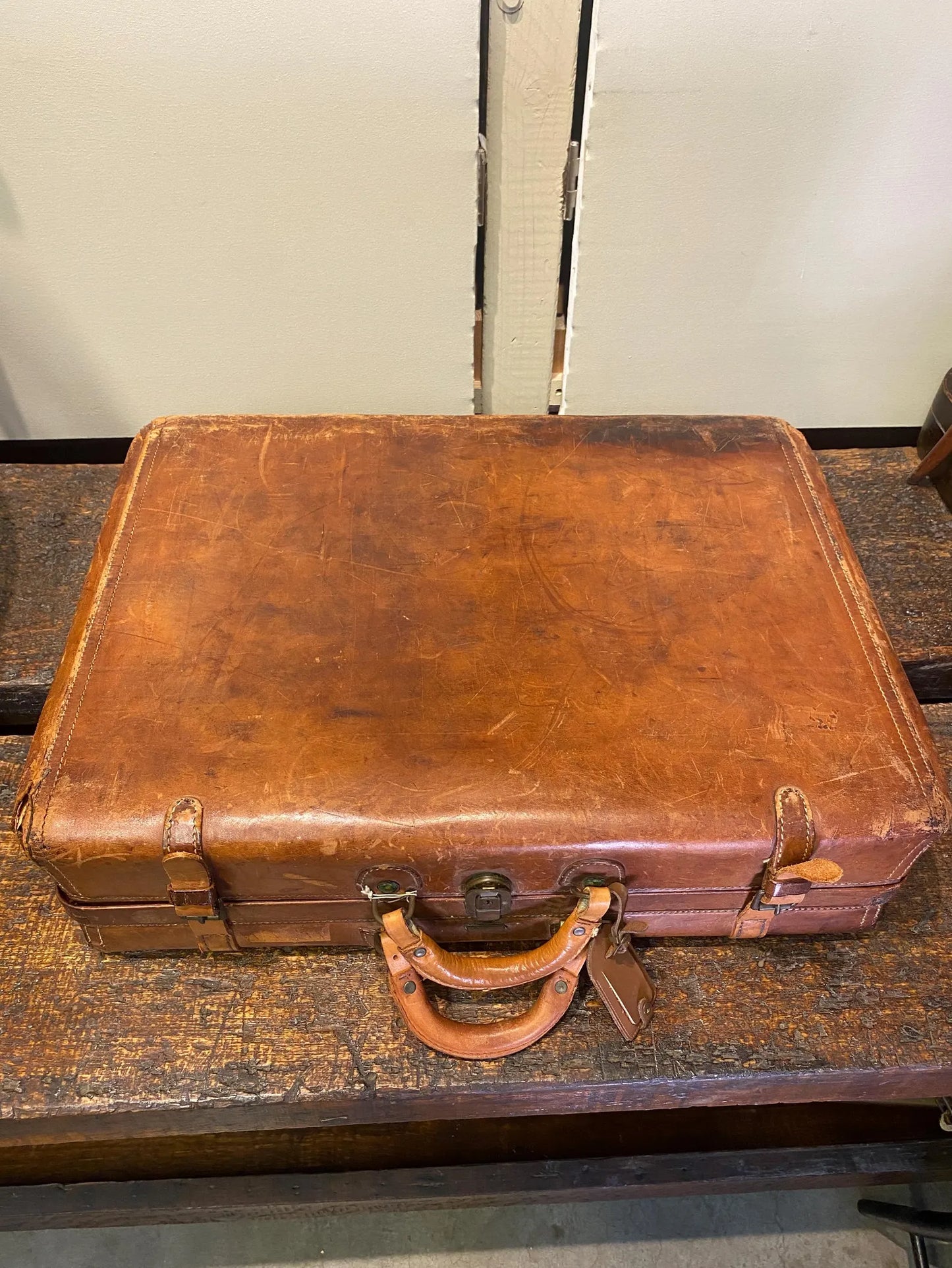 Antique Leather Train Case Suitcase